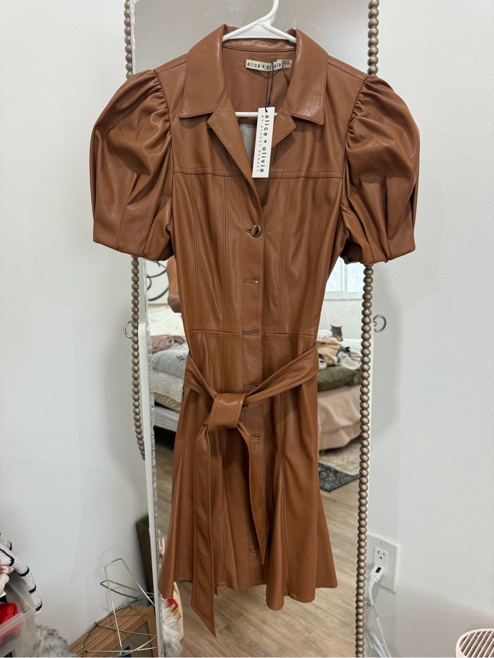 Alice + Olivia Brown Ofra Vegan Leather Puff-Sleeve Shirt Dress NWT size 2